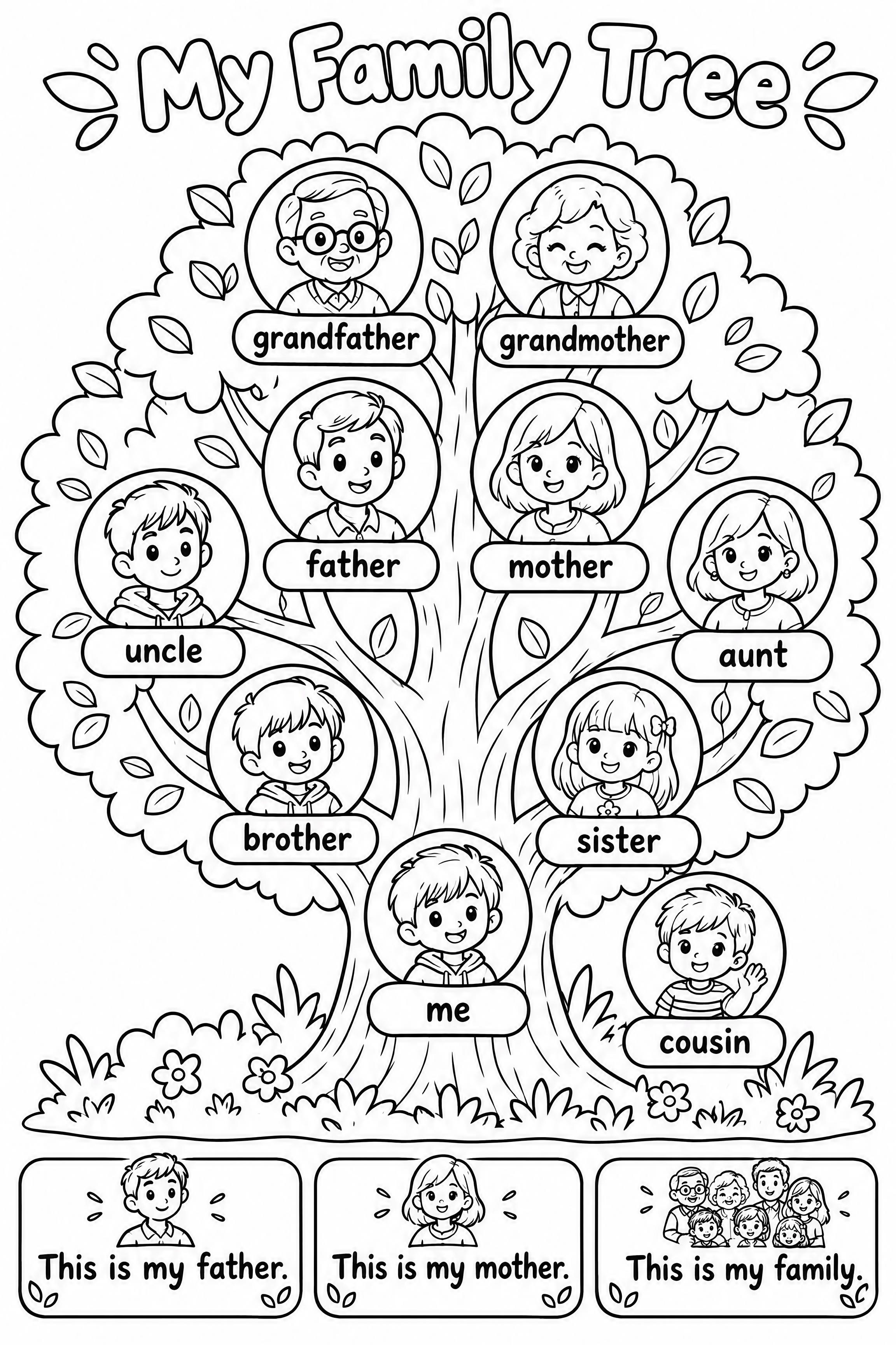 将图片转换为黑白线条图/线稿风格，保留所有家庭成员头像轮廓、家… - 图片创意预览
