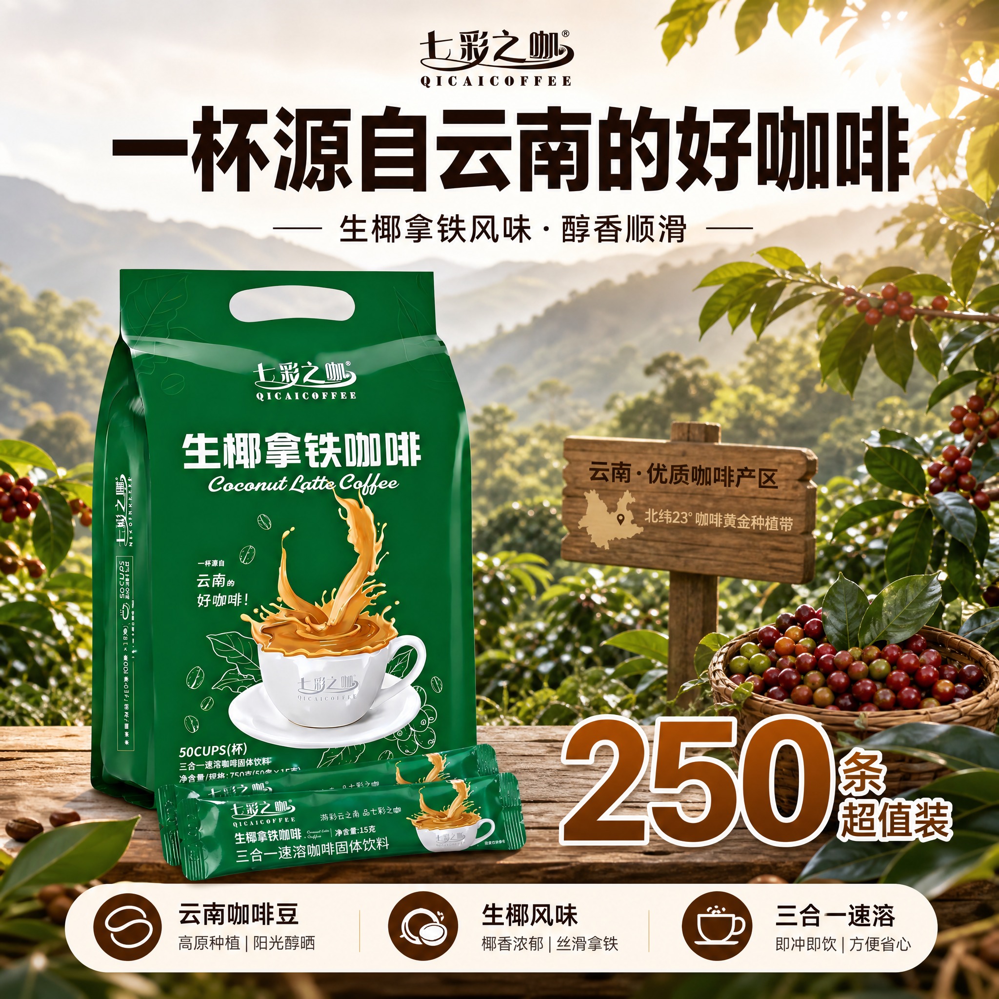 [主图-2] 核心亮点与溯源图，突出云南产地与生椰拿铁风味特色… - 图片创意预览