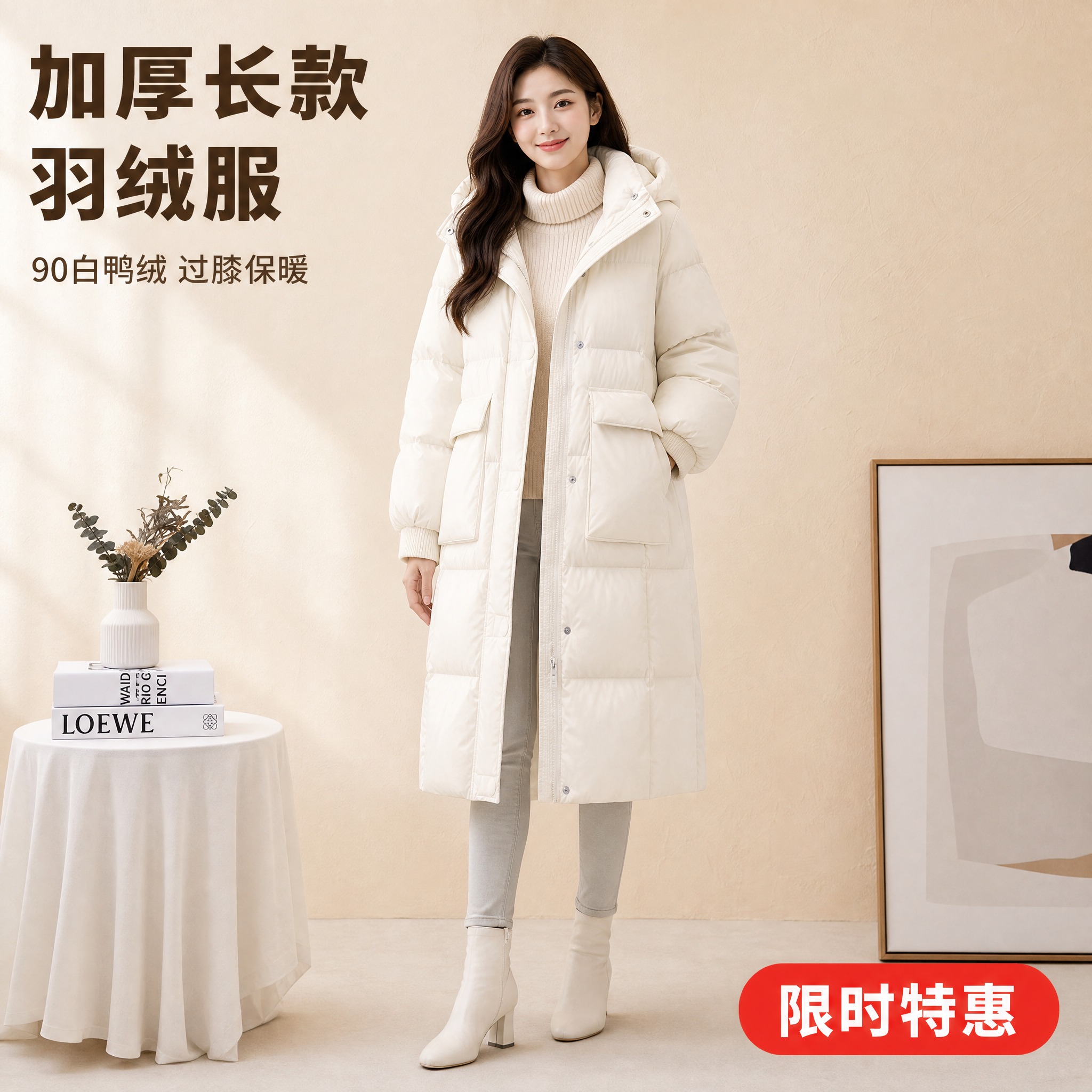 [主图-1] 主题：奶白色长款连帽羽绒服女冬季加厚过膝面包服，… - 图片创意预览