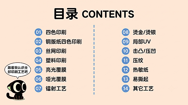 横版卡通科普绘本目录页，《罗小黑战记》原版罗小黑形象，完全参考参考图里大眼纯黑小猫、浅绿内耳的原版平涂画风，线条干净简约可爱，低饱和度柔和马卡龙底色，无繁杂多余装饰；页面顶部标题「目录 CONTENTS」，页面中间蓝虚线分割左右两栏目录清单，每个条目带蓝色小圆序号；左下角蹲着迷你罗小黑，气泡文字：跟着我认识全部印刷工艺吧；目录左栏：01四色印刷、02铜版纸四色印刷、03丝网印刷、04塑料印刷、05亮光覆膜、06哑光覆膜、07镭射工艺；目录右栏：08烫金/烫银、09局部UV、10击凸/压凹、11压纹、12热敏纸、13易撕起、14其它工艺；不需要预留粘贴区，整体排版干净，高清插画无水印，印刷工艺手工样册目录页
