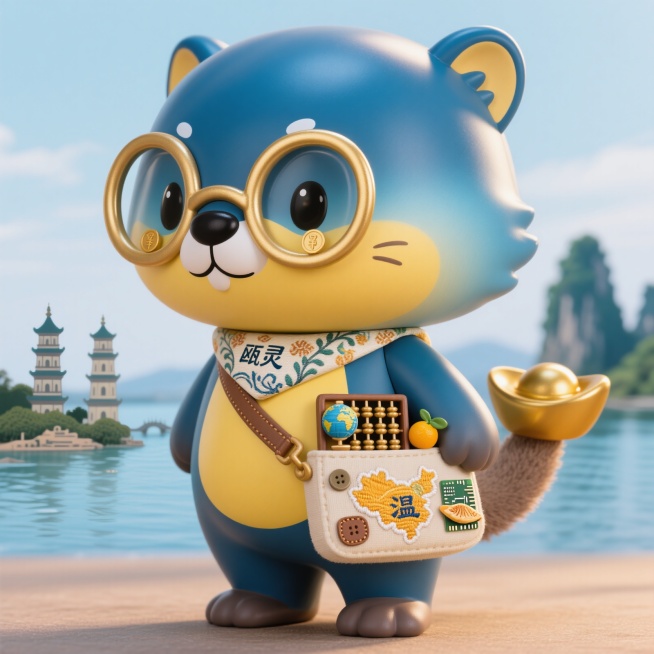 Q版萌系3D水獭小精灵，名为“瓯灵”，体型小巧玲珑，眼神聪慧坚定。主体毛发为瓯江蓝渐变色调，从深蓝到浅蓝，腹部和脸周为瓯柑黄色，毛发柔顺有水润光泽。戴着金色细边框圆眼镜，镜片反射算盘珠子、钱币符号或微预览效果