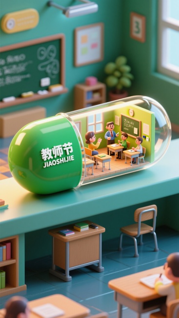 一个胶囊，胶囊左半部分为绿色（上面印着 "教师节 JIAOSHIJIE"），右半部分是透明材质（教室里的老师正在给学生讲课组成的 3d 微缩景观在胶囊之中），胶囊被横放在教室的讲台上预览效果