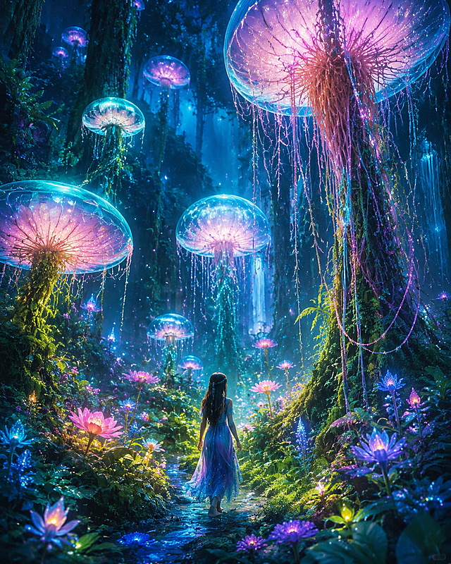 生成类似风格的奇幻森林插画，保持原图的潘多拉奇幻风格、发光水母融合植物的设计、梦幻蓝绿色调，替换不同元素和人物，不添加任何文字，保持整体梦幻氛围感和构图一致