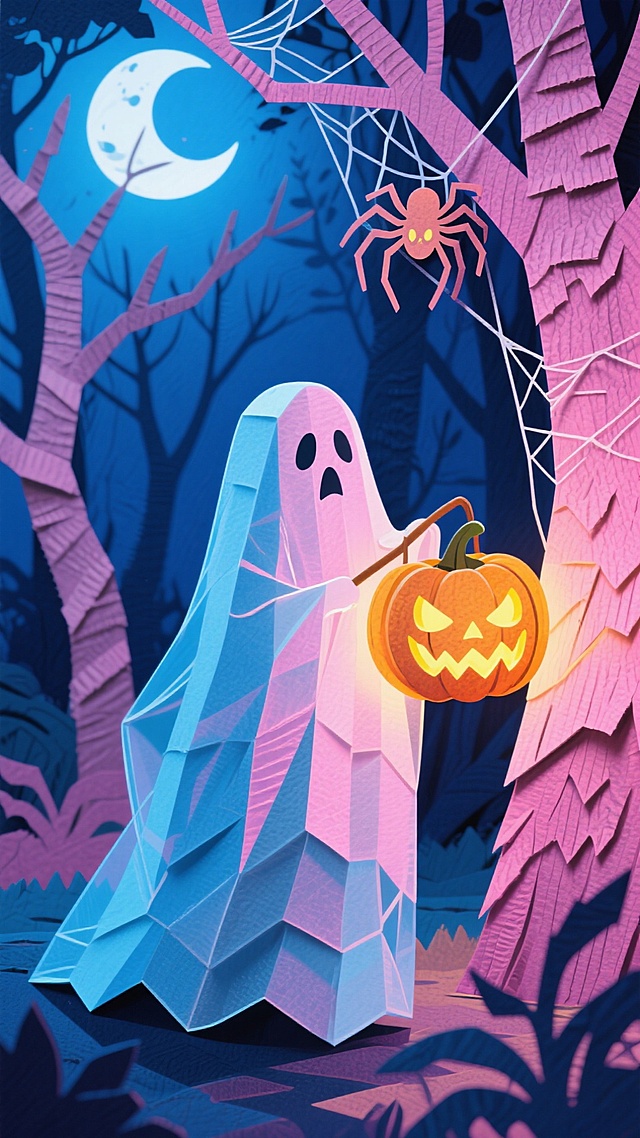 幽灵手持南瓜灯笼在夜晚的森林中，背景是蜘蛛在月色下的树上静静的看着她。整体以蓝粉色为主色调，营造神秘充满万圣节童话氛围
