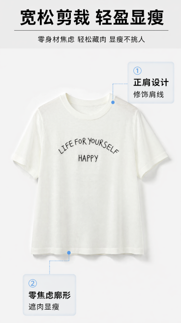 [第3屏] 版型解析页-宽松正肩剪裁，零身材焦虑轻盈显瘦。本屏使用【图1】白色T恤正面展示版型。
[标题版式] 顶部通栏标题，下方分点标注剪裁优势，引线标注关键结构，浅灰色信息条承载文字。
[氛围/风预览效果
