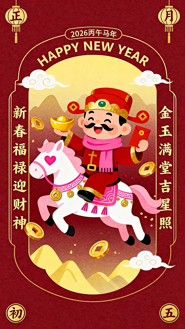 Q 版，纯扁平风，色块，背景为深红色，搭配浅黄色山峦、祥云与灯笼元素。财神爷戴红金相间的官帽，微笑，粉色围巾，胡子，一手持金色元宝，一手持红包，坐在一匹粉白配色的马上。可爱小马装饰着粉色爱心和金色铜钱和粉色流苏纹样，周围环绕金色元宝、铜钱。马和财神爷腾跃在空中。

主体内容（主体和背景）被金色线条填充深红渐变浅黄的圆角矩形边框包围，边框上方标注 金色细线“2026 丙午马年” 和 “HAPPY NEW YEAR”，边框左右两侧是竖排金色字体的吉祥对联：“新春福禄迎财神” 与 “金玉满堂吉星照”，边框四角点缀 “正、月、初、五” 字样。
