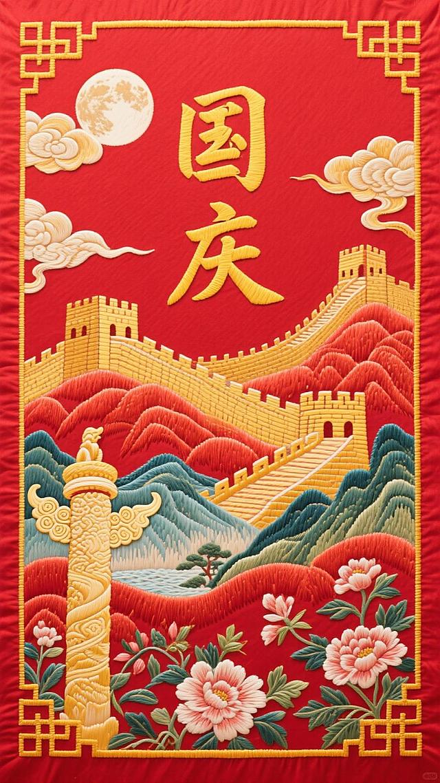 景是红色，四周有祥云、中式边框环绕装饰，书法体黄色文字“国庆”，文字突出，背景有长城、明月。下方是华表、山水、花卉等元素