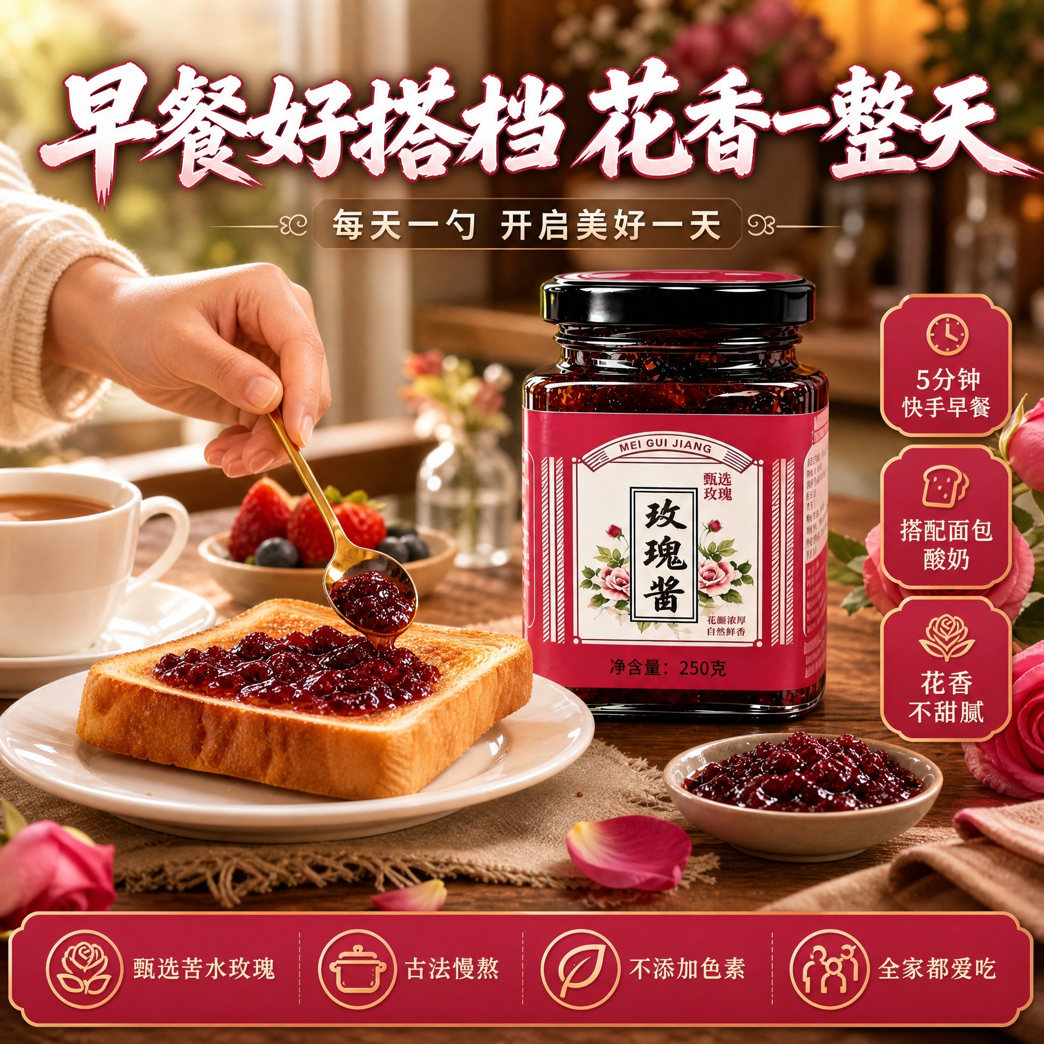 [主图-5 场景种草款] 苦水玫瑰酱250g玻璃瓶装，1:1方… - 图片创意预览