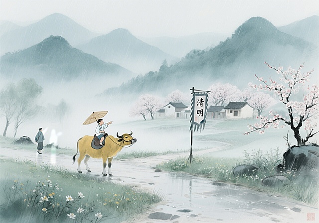 水墨风与工笔结合，描绘清明时节雨中牧童骑牛图，朦胧清新，古典质朴，诗意盎然。