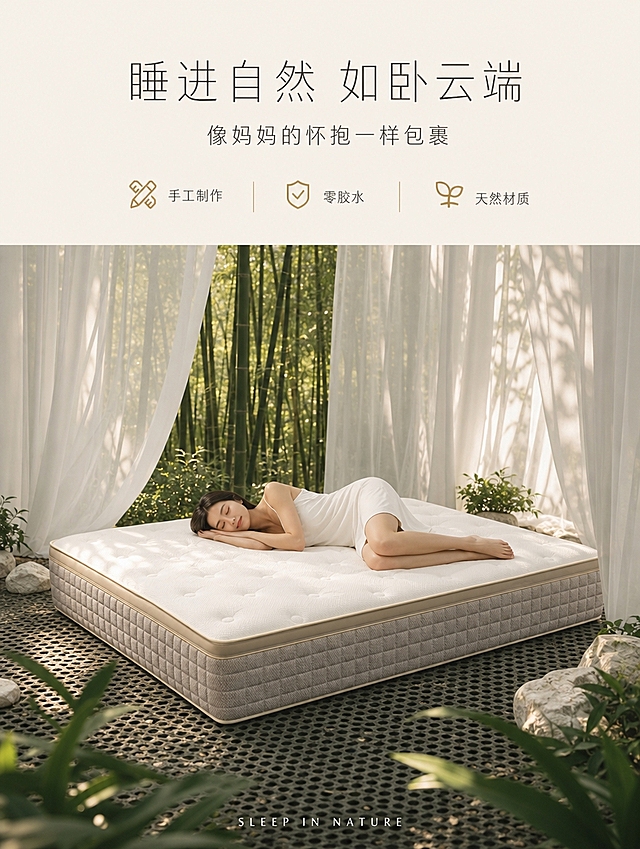 [商品] 使用【图2】维也纳酒店同款床垫，保留床垫白色顶面、拉扣纹理、浅卡其围边、灰色侧面方格纹的整体外观和厚度比例；商品处理：去除背景中的其他床垫和木架，修复面料轻微褶皱，增强针织质感和边缘缝线细节，保持产品真实。
[画面] 第2张 形象氛围图，目标：传递包裹感、安全感和自然睡眠体验。参考【图8】竹林纱幔场景风格，上文下景版式，顶部约1/5文案区，下方大场景：竹林户外空间，白色纱幔垂挂形成半围合空间，床垫置于中央，一位亚洲女性身着白色睡裙侧卧在床垫上，姿态放松安睡，表情宁静，身体被床垫自然承托，周围散落白色石块和绿植，阳光透过竹林洒下斑驳光影。床垫占画面约40%，侧视角度。
[视觉] 套系策略：风格=极简高端酒店风商业摄影；标题字=现代简约细黑体；正文字=简洁无衬线体；主色=米白+浅卡其；背景延展=基于米白卡其做深浅层级、同色渐变和细腻织物/石材质感；强调色=香槟金，仅用于小面积图标、引线、装饰线和标签；标题色=深炭灰；正文色=中暖灰；组件=细线引线、圆角浅底信息卡、极简icon；光影=自然暖光透过竹林，柔和弥散，营造静谧氛围。
[文字] 顶部文案区：主标题「睡进自然 如卧云端」，副标题「像妈妈的怀抱一样包裹」，下方3个图标+短标横排：「手工制作」「零胶水」「天然材质」。底部小字英文「SLEEP IN NATURE」。文字横向排版，不遮挡人物和床垫主体。
[规格] 国内电商详情页竖版，比例3:4，宽度1500px，高度2000px，分辨率4K，quality=medium。负向：避免变形、错字、文字过小、冷蓝色调、产品结构失真、人物表情不自然、场景杂乱。