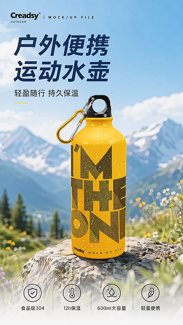 高端商业产品摄影风格，商品营销海报，9:16比例。保留参考图（第二张图）的版式骨架：顶栏放置品牌区，上半部分为主标题区，下半部分展示产品主体，底部标注卖点。户外登山运动背景，干净明亮清新的色调，主标题"户外便携运动水壶"，副标题"轻盈随行 持久保温"，卖点标签依次为"食品级304"、"12h保温"、"600ml大容量"、"轻量便携"。商品主体100%还原第一张商品图的外形、黄色瓶身、黑色瓶盖、金色登山扣、瓶身文字颜色和结构，不修改商品本体，仅调整背景和排版。画面整体高端精致，光影柔和，产品清晰突出，排版精美，文字清晰可读，4K分辨率