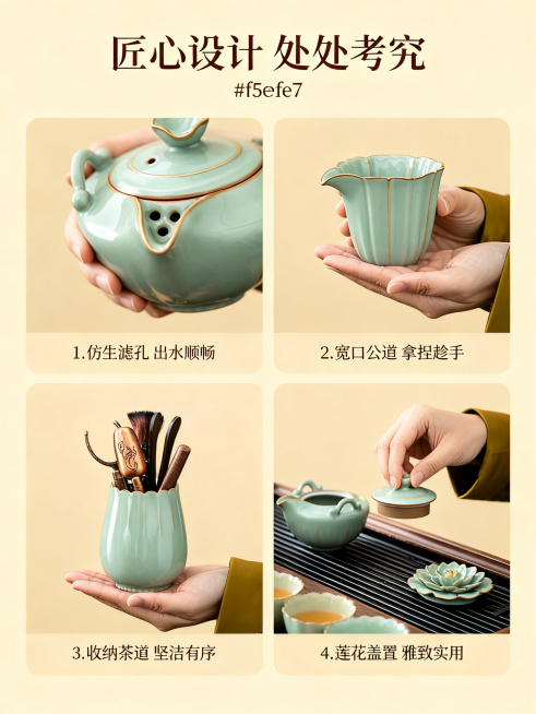 [第3屏] 四宫格细节结构解析页，展示整套茶具四大核心部件设计亮点。本屏使用图片2展示壶嘴细节、图片3展示公道杯、图片4展示茶道筒、图片5展示盖置，四宫格每个格子对应一张产品细节图。[氛围/风格] 清预览效果