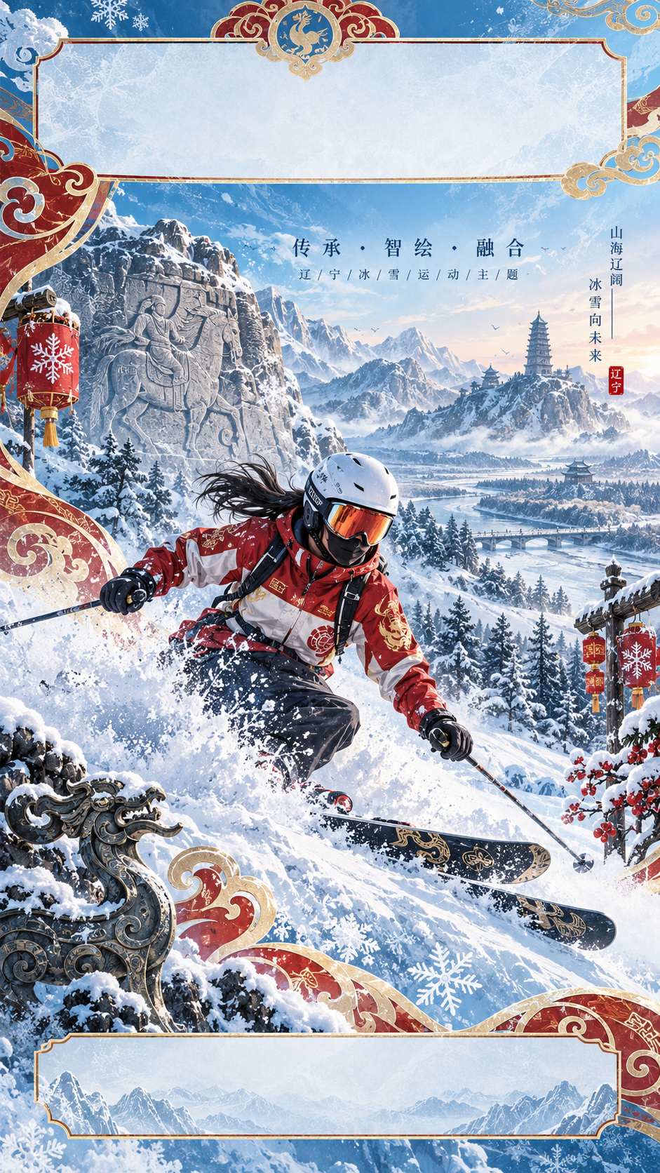 国潮数字插画风格海报，作品名《辽疆雪跃，智绘冰华》，大赛主题"… - 图片创意预览