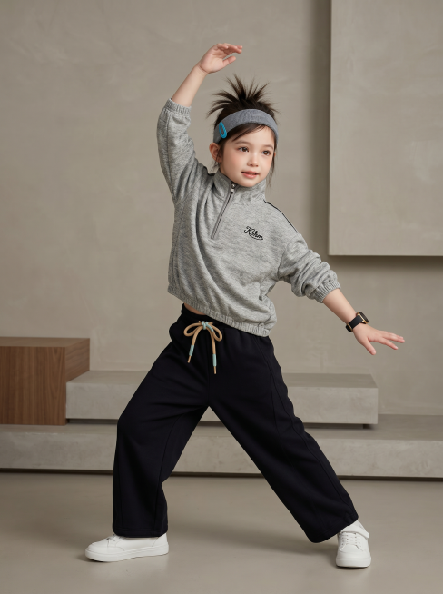 将image1中的灰色半拉链立领卫衣和黑色抽绳阔腿裤穿在image2的小女孩身上，搭配简约运动配饰，韩系简约带运动气息的高级棚拍背景，做一个抬手伸展的运动感动作，整体美观高级预览效果