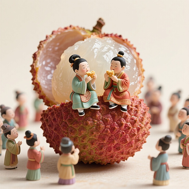 一颗巨大的荔枝被剥开，两个唐代小人坐在荔枝上吃荔枝，荔枝边站满围观的唐代小人，剔透的荔枝质感和小人特写，高分辨率细节显示荔枝质感，微型食物摄影