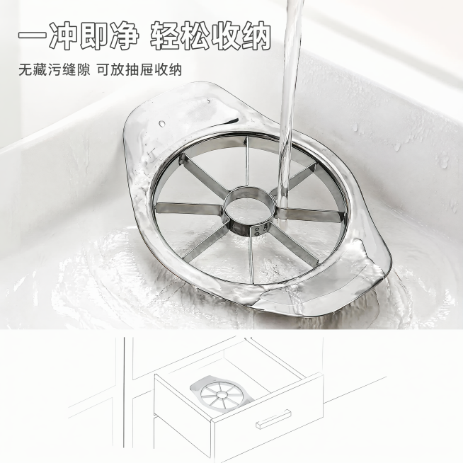 [主图-8] 切果器清洗便捷易收纳卖点展示图；
[氛围风格] 简约居家干净氛围，通透玻璃质感光影，大量留白突出产品卖点；
[画质] 商业摄影质感、光线柔和通透、产品清晰真实、画面干净高级。
[元素]预览效果