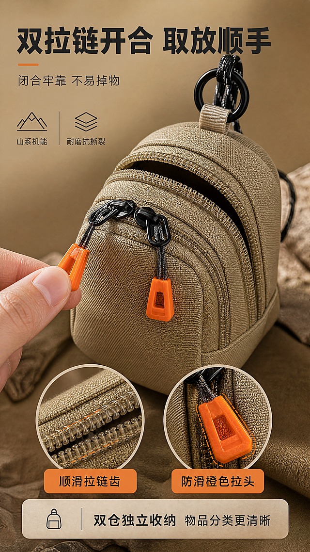 [商品] 使用【图1】卡其色多功能斜挎小包；商品处理：保留迷你立体小背包造型、双拉链橙色拉头、黑色圆环扣、黑白点纹挂绳、卡其色耐磨面料和整体结构；自然理顺面料褶皱，增强面料纹理质感、拉链五金光泽和缝线细节，不改变版型、颜色和结构。
[画面] 目标：双拉链开合细节特写。构图：产品占画面60%，正面偏上角度，双拉链呈半开状态，一只手的手指正捏住橙色拉链头做拉开动作，展示开合顺手；拉链齿、橙色拉头、缝线做微距级清晰呈现；下方配2个小圆形放大窗，分别放大拉链齿咬合细节和拉头防滑设计；背景为深卡其色渐变，突出产品质感。阅读动线：顶部标题→中部产品+手部动作→底部双放大窗。
[视觉] 套系策略：风格=山系机能户外商业摄影；标题字=粗黑体硬朗无衬线；正文字=简洁无衬线体；主色=卡其棕；背景延展=基于卡其棕做深浅层级、同色渐变和户外自然肌理（岩石/草地/帆布纹理）；强调色=荧光橙，仅用于小面积图标、引线、标签和拉链呼应；标题色=深炭灰；正文色=中暖灰；组件=直角浅底信息卡、粗线引线、机能风图标；光影=左前侧自然光，柔和硬朗兼具，产品底部有自然接触阴影。
[文字] 顶部主标题"双拉链开合 取放顺手"，副标题"闭合牢靠 不易掉物"；左侧放大窗标注"顺滑拉链齿"，右侧放大窗标注"防滑橙色拉头"；底部补充"双仓独立收纳 物品分类更清晰"；所有文字横排，字号保证手机端可读。
[规格] 图片比例9:16竖版，4K，避免变形、错字、文字过小、冷蓝/蓝灰背景、产品颜色改变、版型失真、纯白背景。