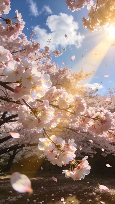 湛蓝的天空，阳光从右上角射进来，大片樱花位于画面中央，摄影风格，写实预览效果