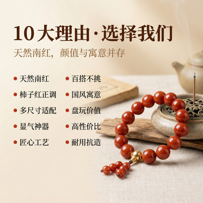 [主图 2 产品核心优势]
[主图主题] 南红手串十大核心优势展示
[氛围/风格] 东方国风清晰品质感，简洁通透
[画面元素] 一串饱满的南红柿子红手串放置在画面右侧偏中心位置，左侧预留文字区域，整体预览效果