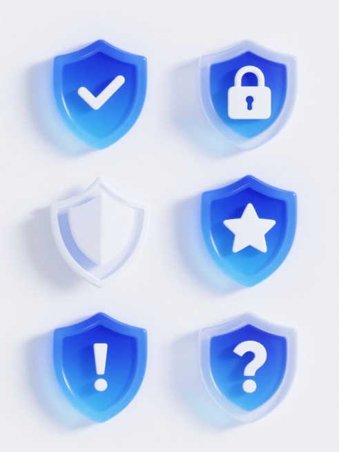 白色背景上，六个完全不同元素内容的盾牌图标系列素材集合规整排布，每个盾牌均保持相同的3D立体风格，具有光滑的蓝色渐变表面、半透明的蓝色光晕效果、清晰的边缘高光和阴影细节，盾牌中心分别为不同的核心元素：第一个盾牌中心是白色对勾符号，第二个是白色锁形图案，第三个是白色盾牌叠加符号，第四个是白色星星图标，第五个是白色感叹号标志，第六个是白色信息问号图标，所有盾牌大小一致、间距均匀，整体呈现出统一的科……预览效果