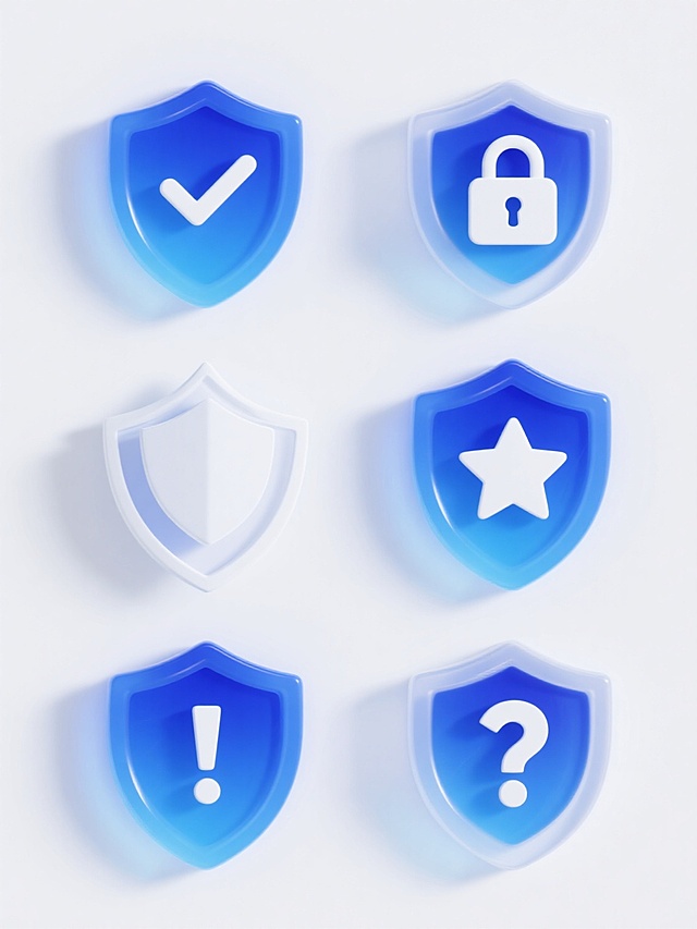 白色背景上，六个完全不同元素内容的盾牌图标系列素材集合规整排布，每个盾牌均保持相同的3D立体风格，具有光滑的蓝色渐变表面、半透明的蓝色光晕效果、清晰的边缘高光和阴影细节，盾牌中心分别为不同的核心元素：第一个盾牌中心是白色对勾符号，第二个是白色锁形图案，第三个是白色盾牌叠加符号，第四个是白色星星图标，第五个是白色感叹号标志，第六个是白色信息问号图标，所有盾牌大小一致、间距均匀，整体呈现出统一的科技感和保护属性，视觉层级清晰，信息传达高效。