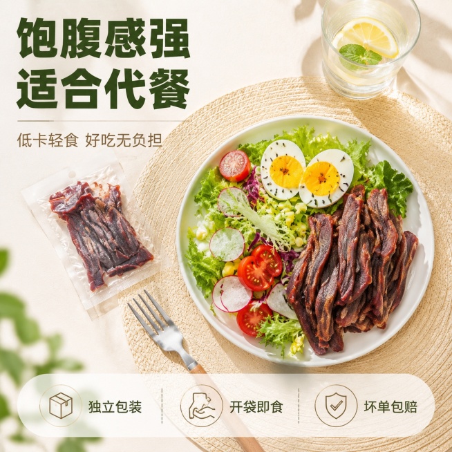 [主图-5] 贝贝南瓜干代餐卖点展示。
[氛围风格] 健康轻食，满足饱腹感
[画质] 商业摄影质感，光线柔和通透，产品清晰真实，画面干净高级。
[元素] 低卡减脂餐摆盘，贝贝南瓜干搭配沙拉和水煮蛋，摆预览效果
