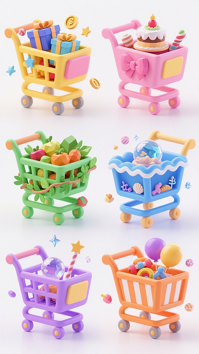 六个排列整齐的购物车主题3D立体插画，每个购物车外观、色彩和装饰元素各不相同，保持统一的低多边形Q版风格，圆润边角，高饱和度配色，柔和光影，轻微磨砂质感，白色背景。第一个黄色购物车装满彩色礼物盒、星星和金币；第二个粉色购物车带有蝴蝶结装饰，内有蛋糕和糖果；第三个蓝色购物车有波浪形边框，装满海洋元素和贝壳；第四个绿色购物车点缀树叶藤蔓，内有水果和蔬菜；第五个紫色购物车带有魔法元素，装满水晶球和星星棒；第六个橙色购物车有条纹图案，内有玩具和气球，每个购物车周围都有漂浮的主题相关小元素，整体构图平衡，充满童趣和节日氛围。
