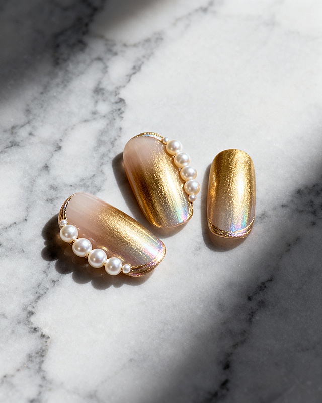 轻奢高级风美甲宣传图，金色渐变甲片搭配珍珠饰品，浅灰大理石纹理背景，精致感，高端美甲沙龙