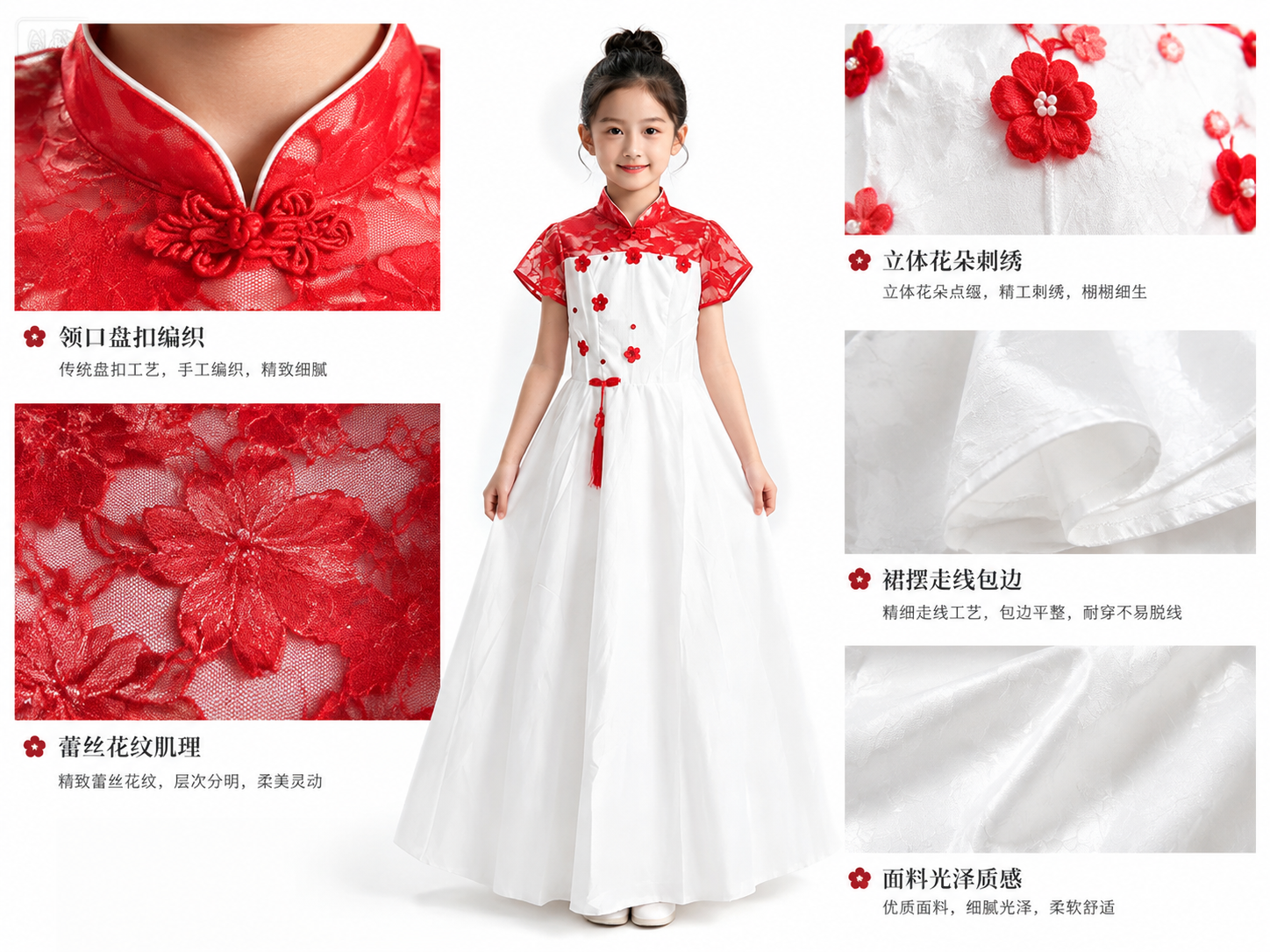 精细工艺细节组图，儿童礼服多处工艺细节拼贴：领口盘扣编织、蕾丝… - 图片创意预览