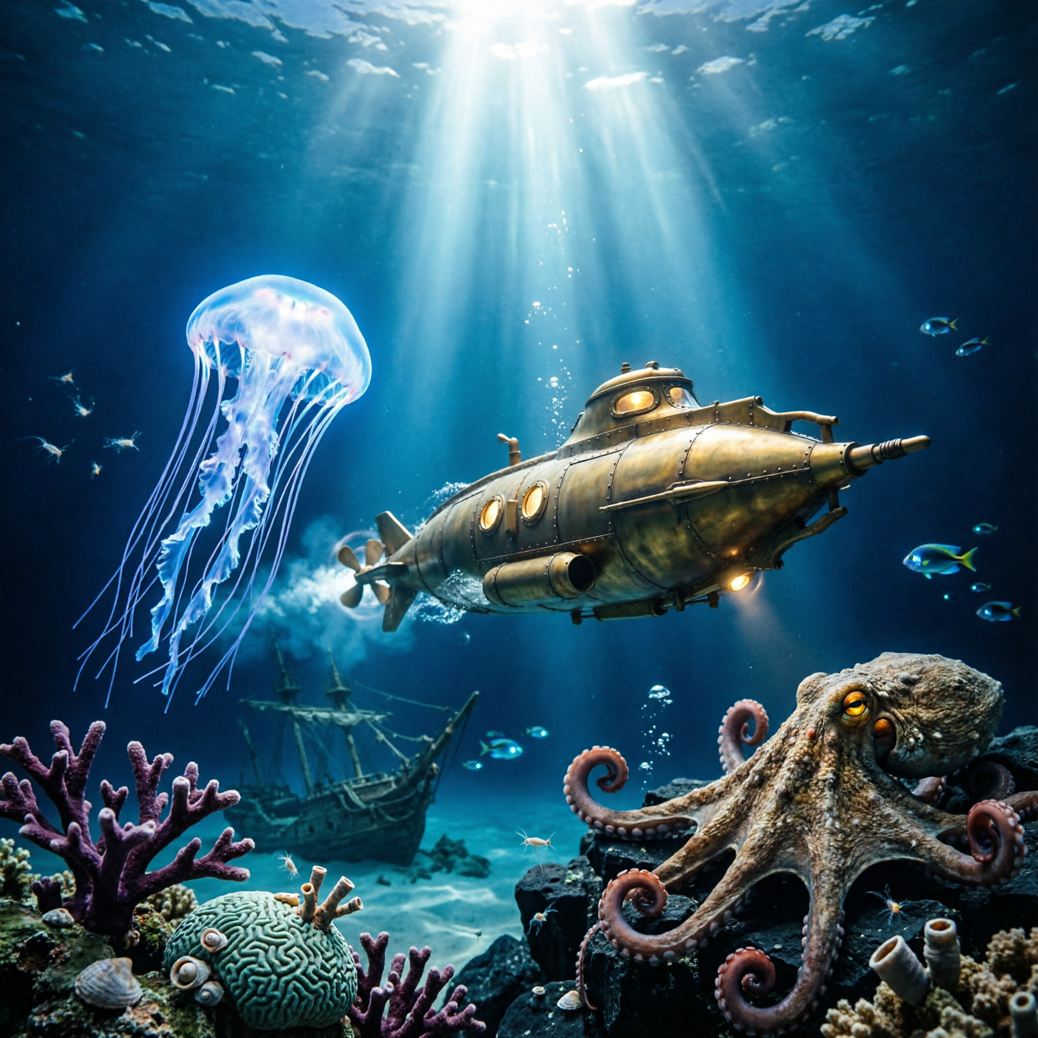 海底两万里主题插画，深海场景，鹦鹉螺号潜水艇在深海中航行，周围… - 图片创意预览