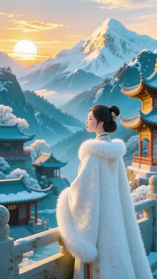 一幅中式水彩风格画面，美丽女子身着白色带绒毛中式大氅，凭栏远望山川，是背影，远处有雪山，有夕阳，近处是古代亭台楼阁建筑，整体青色为主，适当搭配合适配色