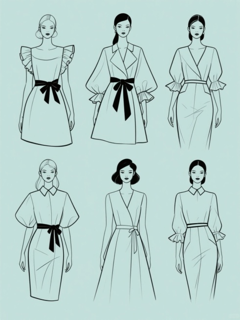六个造型各异的女性服装款式设计效果图，每件服装均包含独特细节如蝴蝶结腰带、荷叶边袖子、收腰剪裁等，采用简约时尚的线条勾勒，纯黑色线稿绘制在纯色背景上，整体画面变换为全新色彩方案，六件服装规整排列成两行三列的布局，保持服装设计草图的专业感与清晰的结构展示，风格统一且具有系列感。预览效果