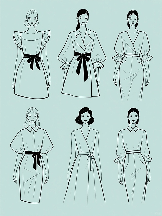 六个造型各异的女性服装款式设计效果图，每件服装均包含独特细节如蝴蝶结腰带、荷叶边袖子、收腰剪裁等，采用简约时尚的线条勾勒，纯黑色线稿绘制在纯色背景上，整体画面变换为全新色彩方案，六件服装规整排列成两行三列的布局，保持服装设计草图的专业感与清晰的结构展示，风格统一且具有系列感。
