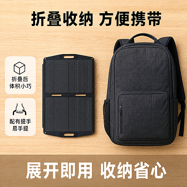 使用电商主图技能生成5张比例1:1的电商主图，适配平台为1688，商品为「图片1」「图片1」，商品卖点为使用电商主图技能生成7张比例1:1的电商主图，适配平台为1688，商品为，商品卖点为商品名称：18V100W太阳能折叠面板，卖点：配有MC4+30CM/ USB*2+Type-C 65W*1，多接口类型，适用于各种不同的设备进行使用，展开即用，折叠后体积小巧便于收纳，配有有提手方便携带，场景：野营，房车旅行，露营，家庭出游，家庭应急备用电源，日常储能，，只更换符合产品本身的产品背景，将产品和文案进行排版，要求排版美观清晰，保留产品本身所有细节