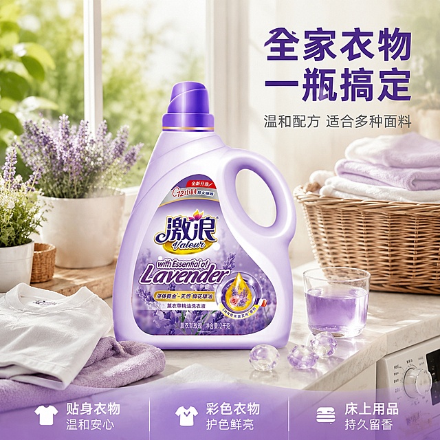 [主图-4] 激浪薰衣草精油洗衣液家庭场景适用图 阳台洗护生活场景展示。
[氛围风格] 温馨明亮家居生活风 洁净舒适 抖音电商真实场景代入感 参考图同款紫色系洁净调性。
[画质] 商业摄影质感 自然光柔和 产品清晰真实 场景丰富自然 超高清细节。
[元素] 明亮整洁的阳台洗衣场景 白色洗衣柜台面 激浪薰衣草精油洗衣液瓶放置在台面中央偏左 正面展示 保持产品外观与输入产品图绝对一致 杜绝变形色差 商品主体占比约55%。旁边有白色洗衣机一角 台面上散落着刚洗好的柔软衣物 白色T恤 淡紫色毛巾 有蓬松质感 旁边放着一个藤编洗衣篮 里面有折叠整齐的衣物。背景是落地窗外的绿色植物和柔和阳光 窗台上有几盆薰衣草小盆栽 增添香氛氛围。台面上还有透明玻璃杯装着紫色洗衣液液体 展示质地 旁边有白色洗衣凝珠几颗作点缀。整体场景温馨真实 有生活气息。
[光影] 左侧窗外自然柔光为主光 温暖明亮 室内辅助光补亮暗部 衣物有柔软光泽 瓶身有自然环境反射 阴影柔和自然 整体通透有生活感。
[配色] 主色白色+原木浅棕 辅色薰衣草紫+绿植浅绿 整体温馨洁净。
[视角构图] 平视略俯视角度 产品位于台面视觉中心 周围场景元素环绕 前中后景分层 景深中等 背景虚化突出产品。
[文字版式] 右上区域文字 主标题"全家衣物 一瓶搞定" 深紫色粗体大号 副标题"温和配方 适合多种面料" 浅灰色中号 约主标题50%大小。底部通栏半透明浅紫渐变蒙层 分三列 左列："贴身衣物 温和安心" 中列："彩色衣物 护色鲜亮" 右列："床上用品 持久留香" 每列上大字下小字 白字清晰。文字放在负空间 不遮挡产品主体。
[输出要求] 1:1比例 文字清晰锐利 超高清商业摄影质感。
[负向提示词] 变形 文字错乱 产品模糊 背景杂乱 水印 电商平台Logo 人物脸部 昏暗脏乱。