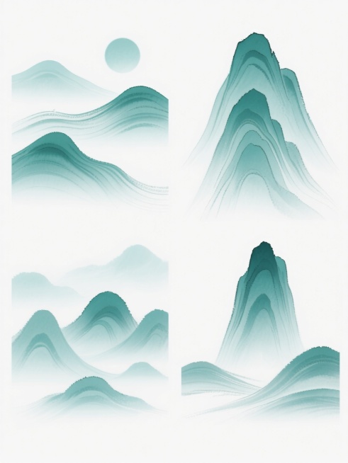 中国传统水墨风格系列远山元素集合，纯白色背景，四幅远山图案规整排布，每幅远山均保持原作风韵：采用青绿色调渐变渲染，笔触柔和流畅，富有层次感的波浪状轮廓，山间弥漫着淡青色朦胧雾气，营造空灵悠远的东方意境。四幅远山造型各具特色，分别为：左侧第一幅呈平缓起伏的连绵曲线，峰顶圆润；右侧第一幅为层叠向上的尖锐山峰，山脊线条锐利；左侧第二幅由大小不一的山峦交错组成，疏密有致；右侧第二幅则是孤峰突起，周围环……预览效果