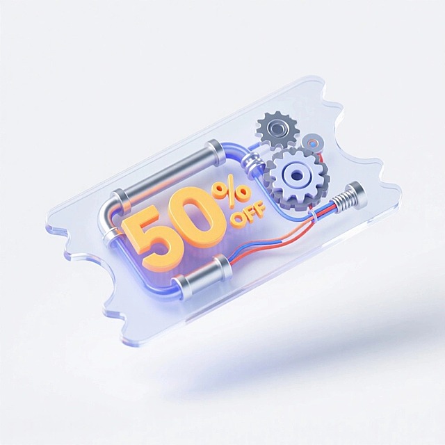 一个悬浮的长方形锯齿状外壳（包含复杂机械机构）的优惠券，文案“50% OFF”，复杂机械机构元素包含了齿轮、管道、螺丝、电线等元素，白色背景