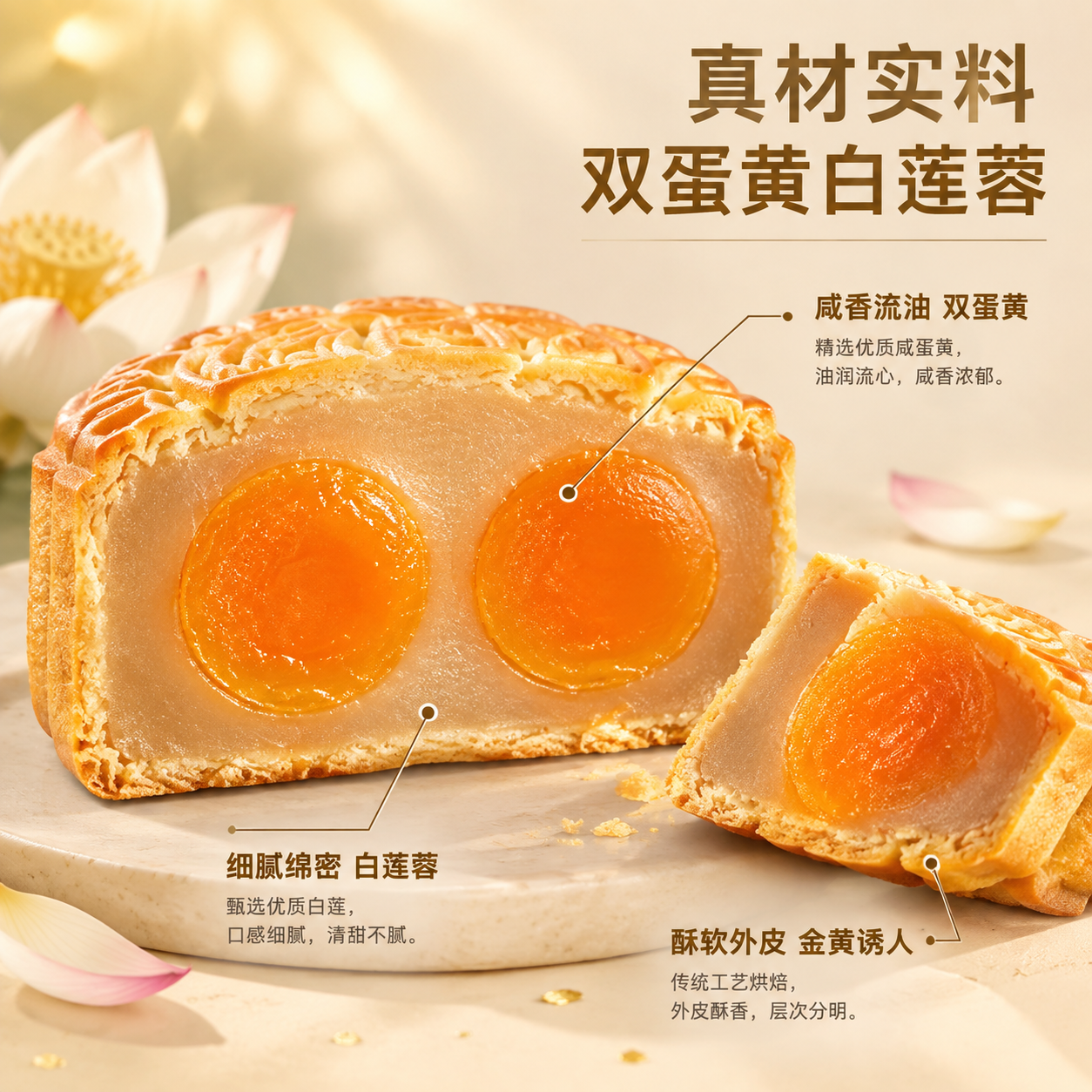 [主图-4] 产品细节与品质，突出双蛋黄、白莲蓉的真材实料和口… - 图片创意预览