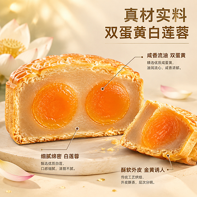 [主图-4] 产品细节与品质，突出双蛋黄、白莲蓉的真材实料和口感。
[统一基调] 整体风格清新雅致，背景以浅米色、淡金色、浅茶绿为主，避免大红大黄；字体采用简洁现代的黑体家族，标题字色为深棕金，辅助字为深灰棕；排版整齐有序，不做杂乱大字报；画面有自然暖阳逆光，营造温馨食欲感。
[画面] 画面主体为一枚切开的双黄白莲蓉月饼特写，横截面占据画面中心，两颗完整的橙红色咸蛋黄油润发亮，周围是细腻奶白的莲蓉，层次分明，纹理清晰可见；旁边放一小块切下的月饼，有轻微的掉渣感，凸显酥软口感；背景为浅米色纯色渐变，点缀几片干莲花花瓣和细小的金色光点，简洁高级；产品细节占画面约65%。
[光影质感] 微距摄影质感，自然暖阳逆光打在月饼切面上，蛋黄油光晶莹，莲蓉细腻绵密的质感清晰可见，底部有柔和阴影。
[配色] 背景主色浅米色，标题深棕金色，辅助文字深灰棕色。
[文字版式] 画面右上角竖排或横排主标题："真材实料 双蛋黄白莲蓉"；下方用引线标注三个细节点："咸香流油 双蛋黄" "细腻绵密 白莲蓉" "酥软外皮 金黄诱人"；文字排版整齐，引线清晰指向对应部位。
[输出要求] 1:1正方形，2048x2048，细节清晰，食欲感强；负向：变形、错字、模糊、杂乱、水印、平台Logo、大红大黄、夸张滤镜。