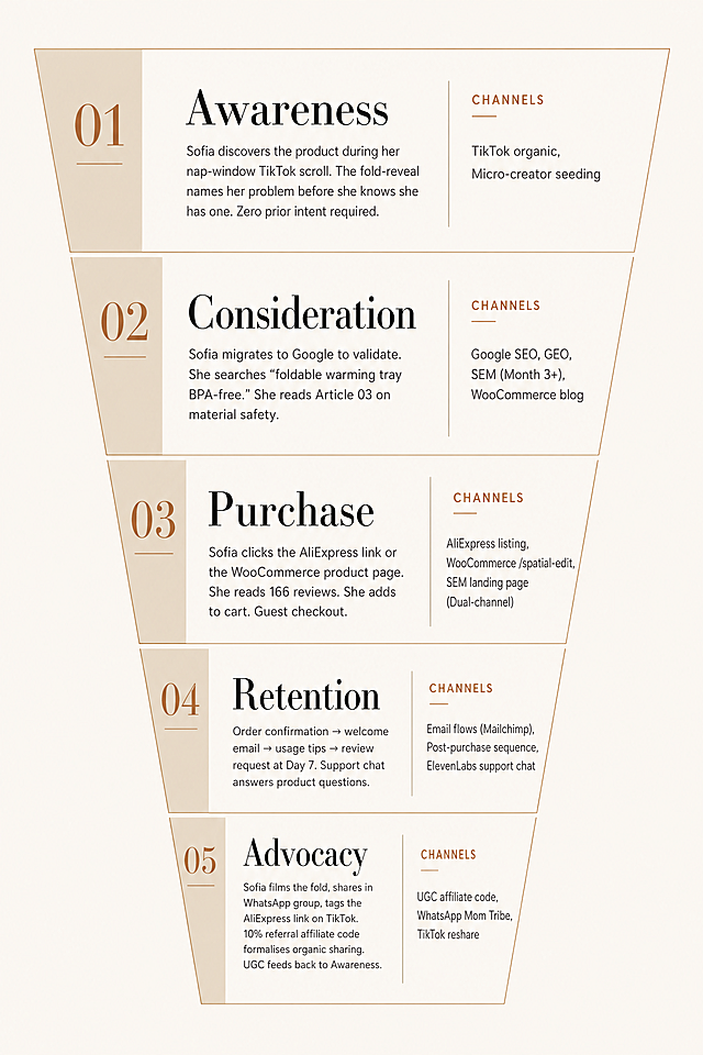 A five-stage marketing visual funnel with Scandinavian editorial design style, restrained and architectural, no decorative elements. Brand colors: #F6F3ED, #1A1A1A, #4C4C4C, #D4BFA8, #a35d26. Typography: Libre Bodoni headings, Inter body text. Funnel stages top to bottom:
1. "Awareness" - Channels: TikTok organic, Micro-creator seeding. Description: Sofia discovers the product during her nap-window TikTok scroll. The fold-reveal names her problem before she knows she has one. Zero prior intent required.
2. "Consideration" - Channels: Google SEO, GEO, SEM (Month 3+), WooCommerce blog. Description: Sofia migrates to Google to validate. She searches "foldable warming tray BPA-free." She reads Article 03 on material safety.
3. "Purchase" - Channels: AliExpress listing, WooCommerce /spatial-edit, SEM landing page (Dual-channel). Description: Sofia clicks the AliExpress link or the WooCommerce product page. She reads 166 reviews. She adds to cart. Guest checkout.
4. "Retention" - Channels: Email flows (Mailchimp), Post-purchase sequence, ElevenLabs support chat. Description: Order confirmation → welcome email → usage tips → review request at Day 7. Support chat answers product questions.
5. "Advocacy" - Channels: UGC affiliate code, WhatsApp Mom Tribe, TikTok reshare. Description: Sofia films the fold, shares in WhatsApp group, tags the AliExpress link on TikTok. 10% referral affiliate code formalises organic sharing. UGC feeds back to Awareness. Funnel shape with all text clearly labeled.