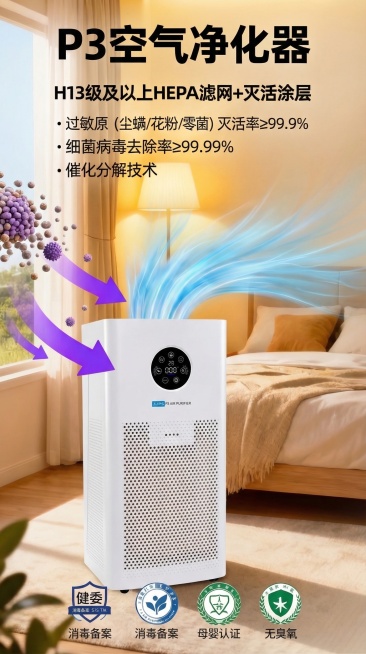 保留图1所有文字信息、认证标识、卧室背景和花粉抵御效果不变，将原有产品替换为图2中的P3空气净化器产品，保留产品logo，融合自然，其他所有信息保持不变预览效果