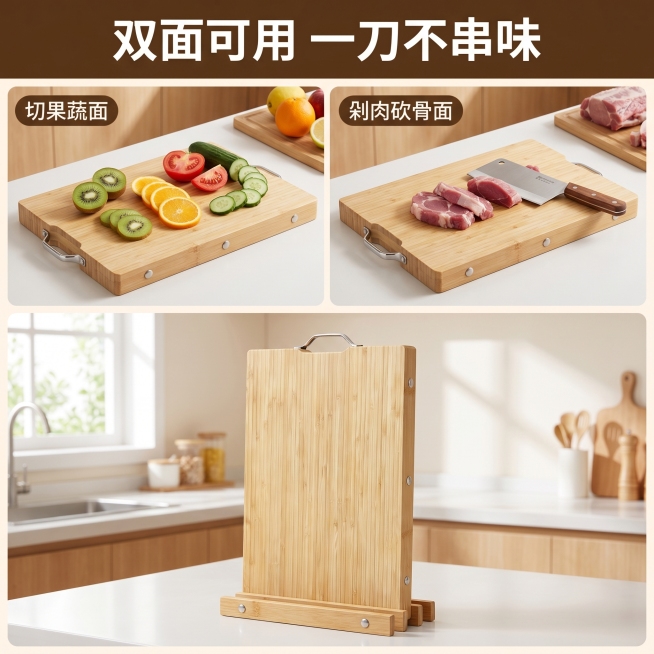 [主图 4] 楠竹菜板双面可用功能场景展示。[氛围风格] 温馨舒适家居治愈风，真实使用场景。[画质] 商业摄影质感、光线柔和通透、产品清晰真实、画面干净高级。[元素] 四宫格布局，左上展示一面切果蔬场预览效果