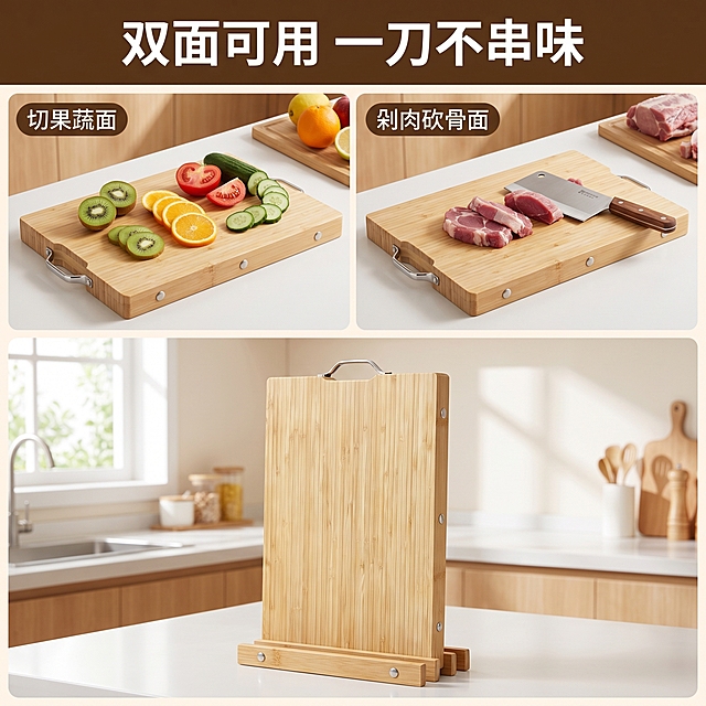 [主图 4] 楠竹菜板双面可用功能场景展示。[氛围风格] 温馨舒适家居治愈风，真实使用场景。[画质] 商业摄影质感、光线柔和通透、产品清晰真实、画面干净高级。[元素] 四宫格布局，左上展示一面切果蔬场景，右上展示另一面剁肉砍骨，下方整图展示菜板完整外观。保持菜板外观材质结构与输入图绝对一致。整体场景为干净明亮厨房，画面丰富协调，不拥挤。[光影] 整体自然光均匀明亮，各个分格光影保持统一和谐。[配色] 原木暖色调搭配果蔬清新色彩，自然温馨。[文字版式] 顶部通栏主标题「双面可用 一刀不串味」深棕色粗体；每个场景角落标注小字「切果蔬面」「剁肉砍骨面」清晰说明。文字不遮挡主体。[比例分辨率] 1:1 比例，2k 分辨率；文字清晰锐利，超高清。[负向提示词] 变形，水印，文字错乱，产品图模糊，背景杂乱