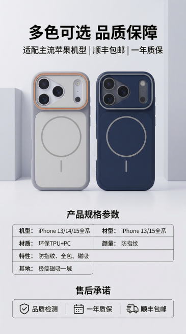 详情页第五屏，规格售后展示，展示浅灰和深蓝色两款手机壳并排，下方是产品规格参数表和售后承诺，主标题“多色可选 品质保障”，文案“适配主流苹果机型 | 顺丰包邮 | 一年质保”，整体风格简约干净对称排版预览效果