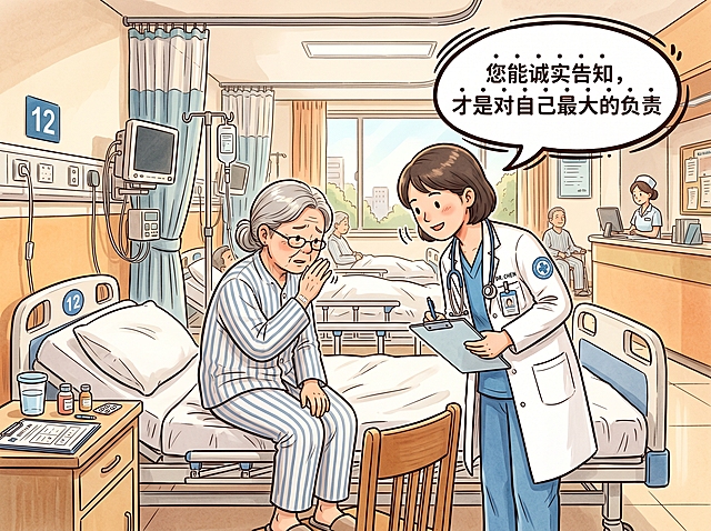 患者坐在病床边，不好意思地向身穿白大褂的麻醉医生小声坦白，医生点头表示理解，旁边画个对话框写着“您能诚实告知，才是对自己最大的负责”，漫画风格医院场景插图