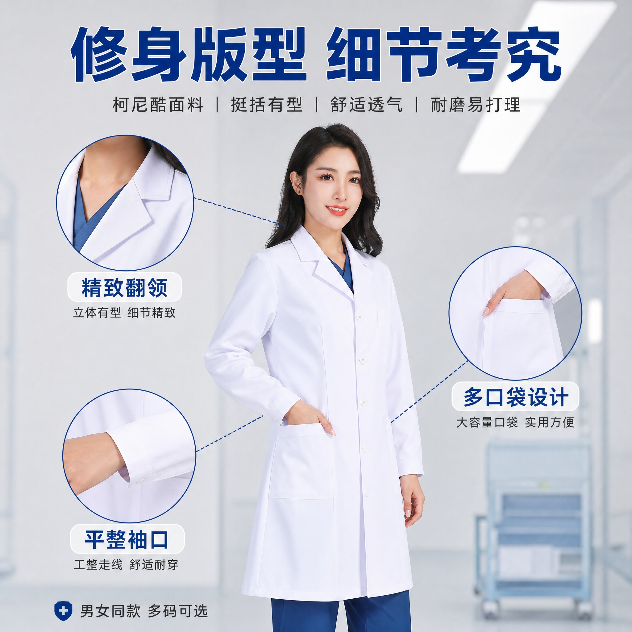 [主图-3] 白大褂（柯尼酷面料）版型与细节展示图，突出修身版… - 图片创意预览