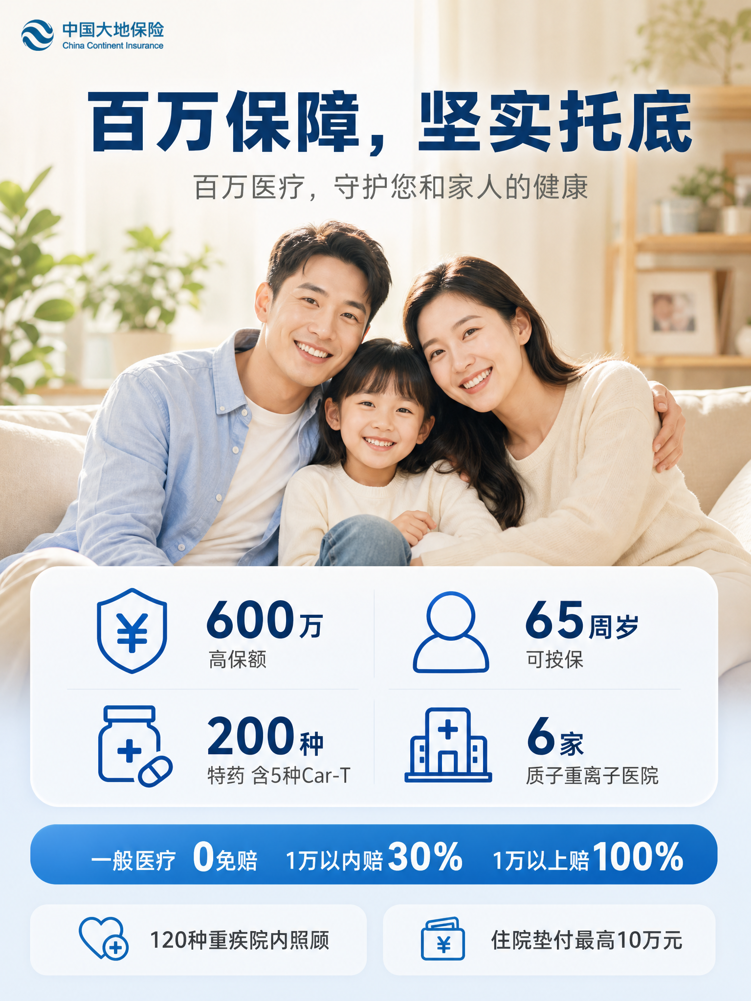 参考上传的两张医疗保险海报的配色体系与温馨氛围，重新设计一张全… - 图片创意预览