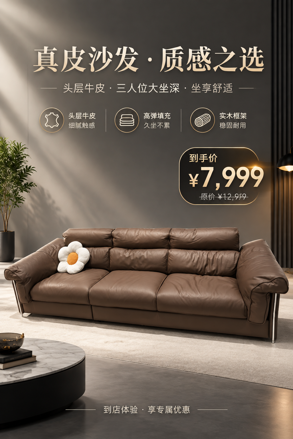 基于上传的棕色真皮三人位沙发实物图，制作一张现代轻奢风格的家居… - 图片创意预览