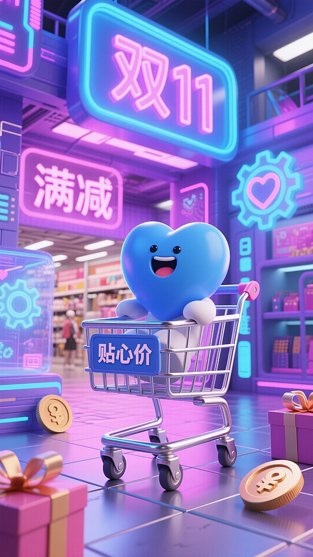 未来感与科技感交织的3D卡通场景，拟人化蓝心推着购物车，体现贴心价，霓虹灯辉映“双11”促销氛围，塑料质感与金属元素碰撞，趣味十足。
