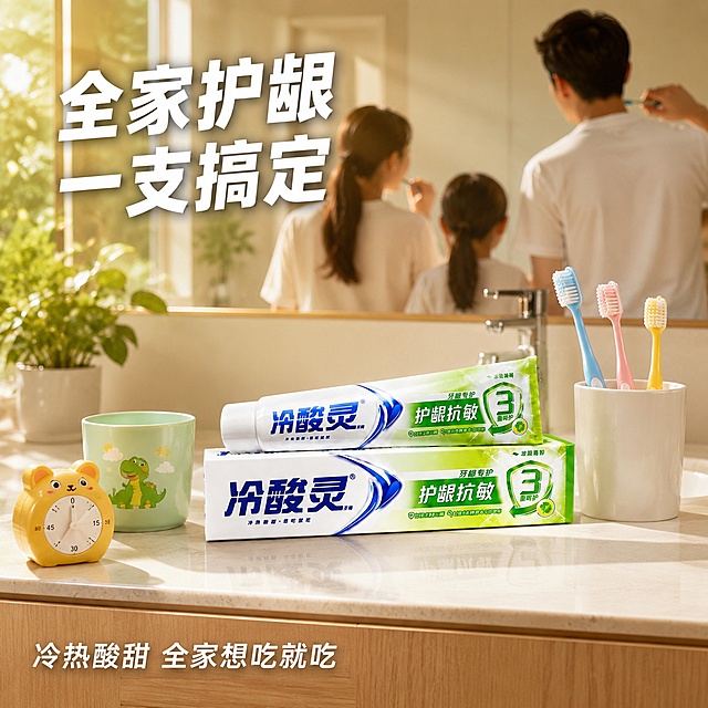 [主图-1] 冷酸灵护龈抗敏牙膏亲子家庭场景图，全家护龈口腔护理，抖音爆款风格。
[氛围风格] 温馨亲子家庭风，温暖有爱的生活感，干净明亮。
[画质] 超高清商业摄影质感、光线柔和通透、产品清晰真实、画面干净高级。
[元素] 画面为温馨的家庭浴室场景，白色洗手台上摆放着冷酸灵护龈抗敏牙膏家庭装（1大盒+2支软管），旁边有3支不同颜色的牙刷（成人蓝色、成人粉色、儿童黄色），代表一家三口。保持产品外观与输入产品图绝对一致，杜绝任何变形和色差。镜子里反射出一对父母和孩子的模糊身影（只展示背影和手部，不露脸），正在一起刷牙的温馨瞬间。台面上还有一个儿童漱口杯、一个卡通造型的刷牙计时器、一小盆绿植。窗户透进温暖的晨光，在台面上形成柔和的光影。画面顶部一行大字"全家护龈 一支搞定"。画面底部一行小字"冷热酸甜 全家想吃就吃"。画面满屏无边框，温馨有家庭感。
[光影] 窗户晨光为主光，温暖柔和，台面和物品有自然阴影，镜子有柔和反射，整体通透明亮，有家庭温馨感。
[配色] 主色调白色+暖木色+清新绿，辅助色马卡龙色牙刷+温暖晨光，文字深绿或白色。
[视角构图] 45度平视角度，洗手台在前景，镜子反射人物在背景，产品在视觉中心，画面层次丰富有故事感，景深自然。
[文字版式] 顶部左侧主标题"全家护龈 一支搞定"，白色大号粗体字带轻微阴影，分两行。底部左侧辅助文案"冷热酸甜 全家想吃就吃"，白色中号字体。文字均放在负空间，不遮挡产品和人物。
[输出要求] 1:1比例，文字清晰可辨，超高清商业摄影质感。
[负向提示词] 变形，文字错乱，产品图模糊，背景杂乱，水印，电商平台Logo，露出全脸。